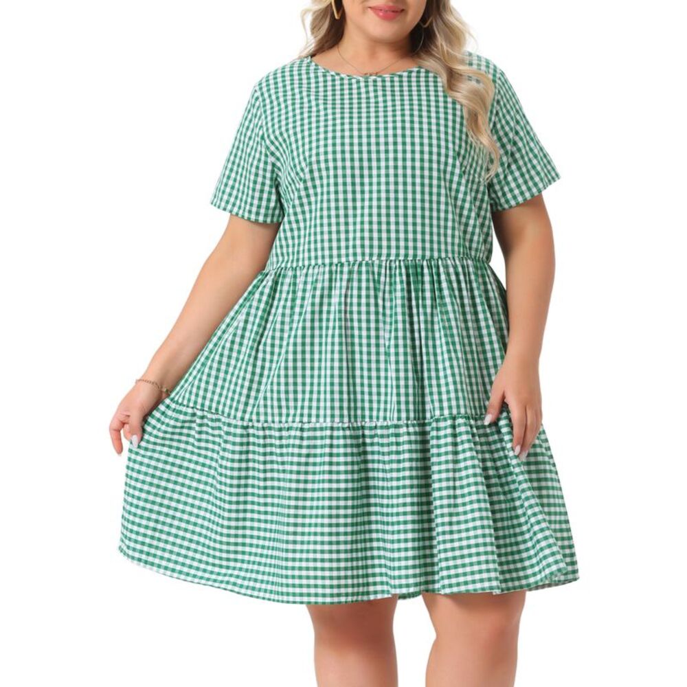 Plus Size Gingham 1950s Vintage Plaid Round Neck Tiered Midi Dress Green
